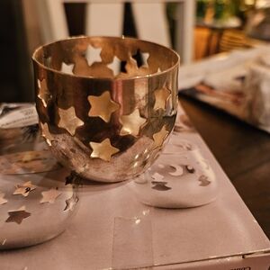 Vintage Italian Silver Stars Votive Tealight 4 Candle Holders New in Box